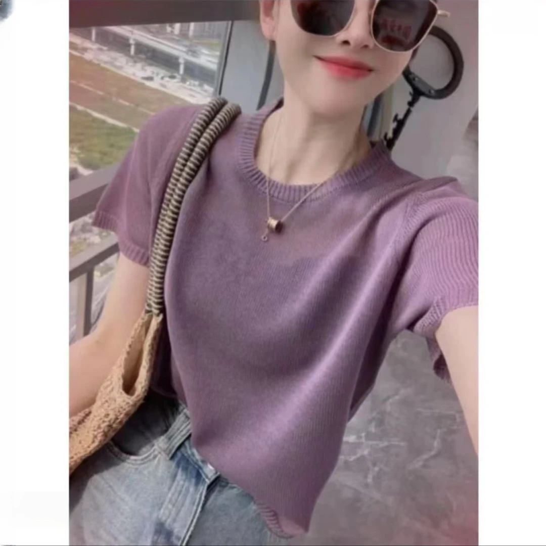 【有运费补贴】暗紫色夏季和纸纱宽松冰感针织上衣