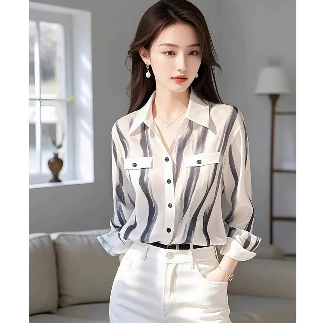 法式甜美白色条纹衬衫女2025春秋新款小众别致显瘦休闲长袖衬衣潮