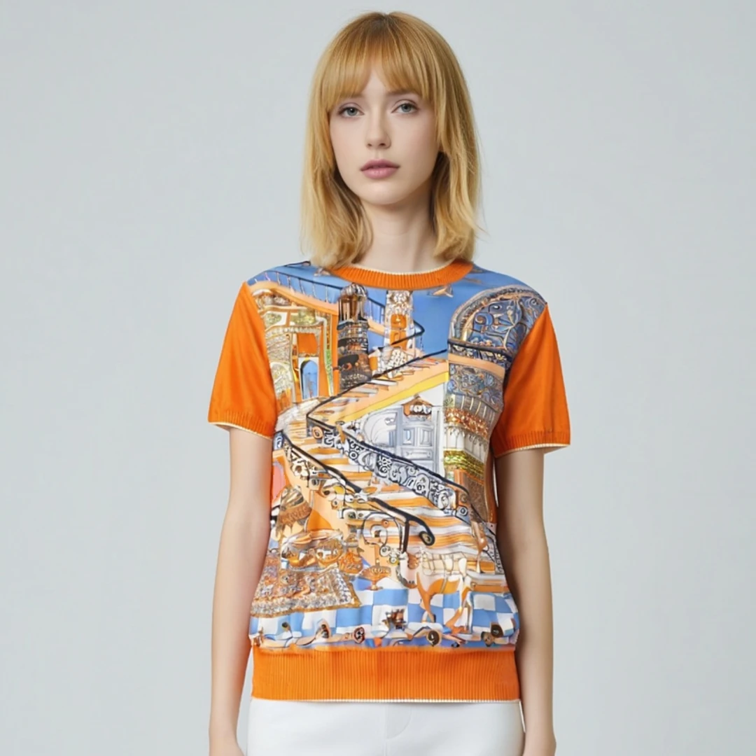 太古奢品“罗马庄园”桑蚕丝印花上衣欧货针织重工拼接大牌短袖夏季