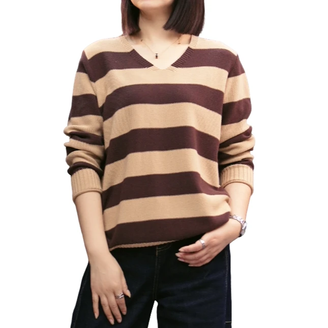 58#长袖条纹针织衫女棉线新款大码宽松时尚洋气百搭上衣休闲套头