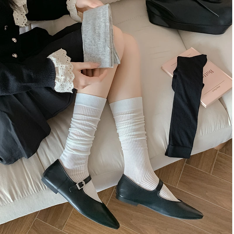 春夏季抽条小腿袜薄款镂空网眼透气棉袜及膝长筒袜子女中筒堆堆袜