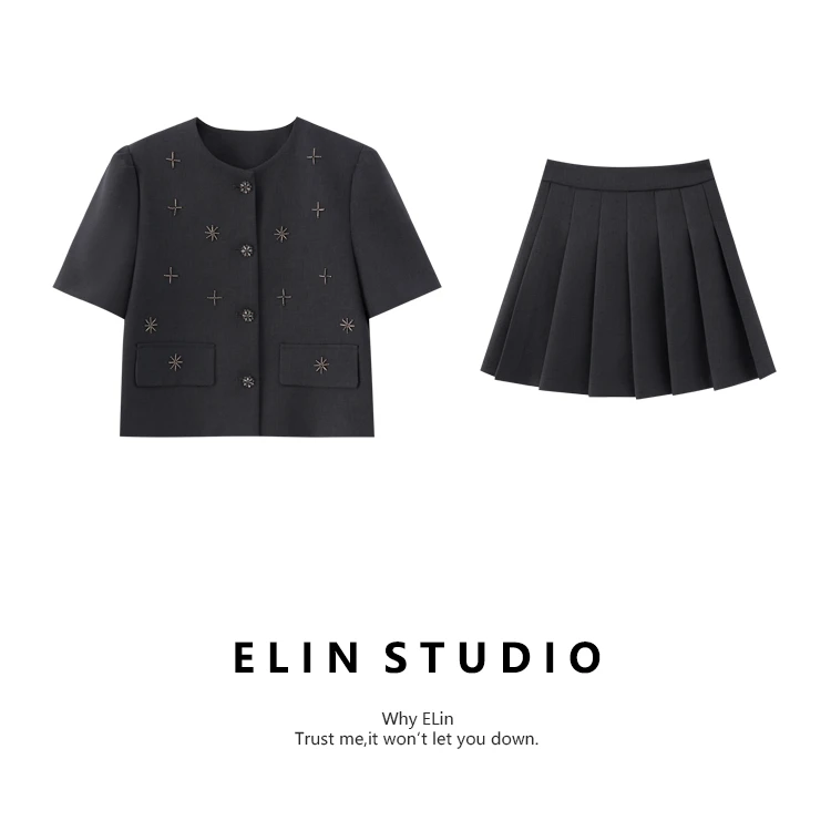 ELIN/预售【塞纳晴空】夏新款气质显瘦百搭轻奢洋气时尚套装#LT838