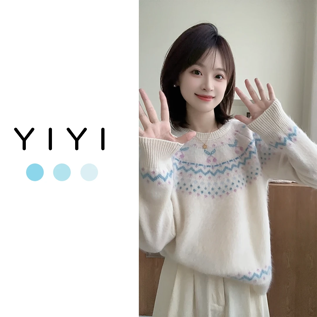 【YiYi】樱桃拉绒~韩版全羊毛费尔岛提花羊毛拉毛保暖圆领针织长袖