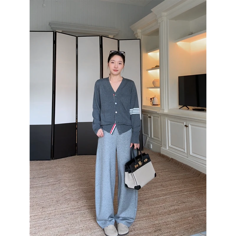 郭九九呢 羊毛V领条纹织带针织开衫外套休闲弯刀裤 G925Z14410