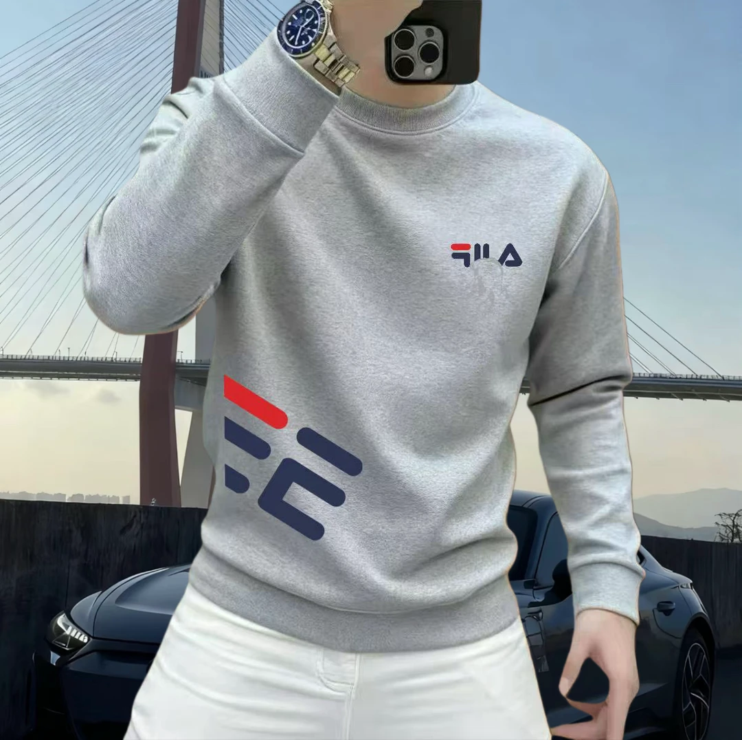 秋季新款时尚潮牌男士百搭印花卫衣修身弹力圆领