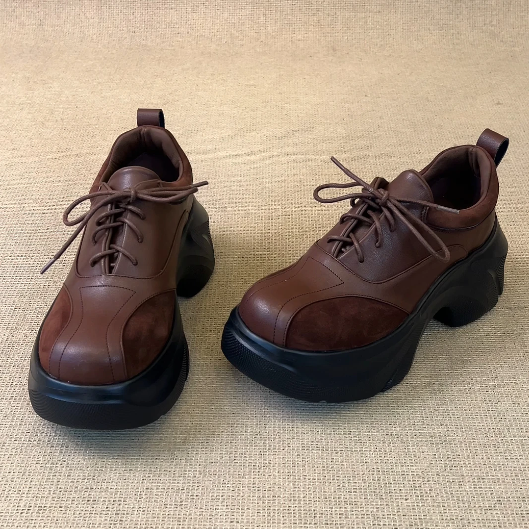 RubyL/8cm小个子复古英伦风拼接系带百搭圆头厚底增高单鞋女款