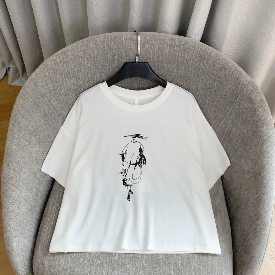 【希辰】抽象人物印花宽松圆领T恤短袖上衣女 36249