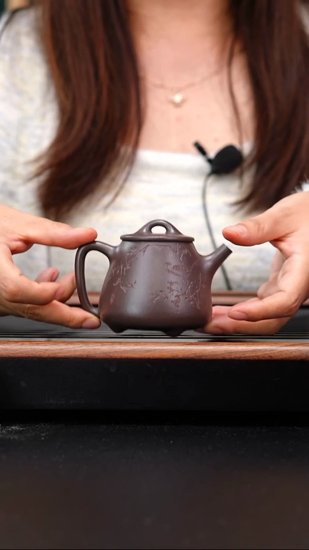 茶壶紫砂天青高石瓢刻绘花鸟150