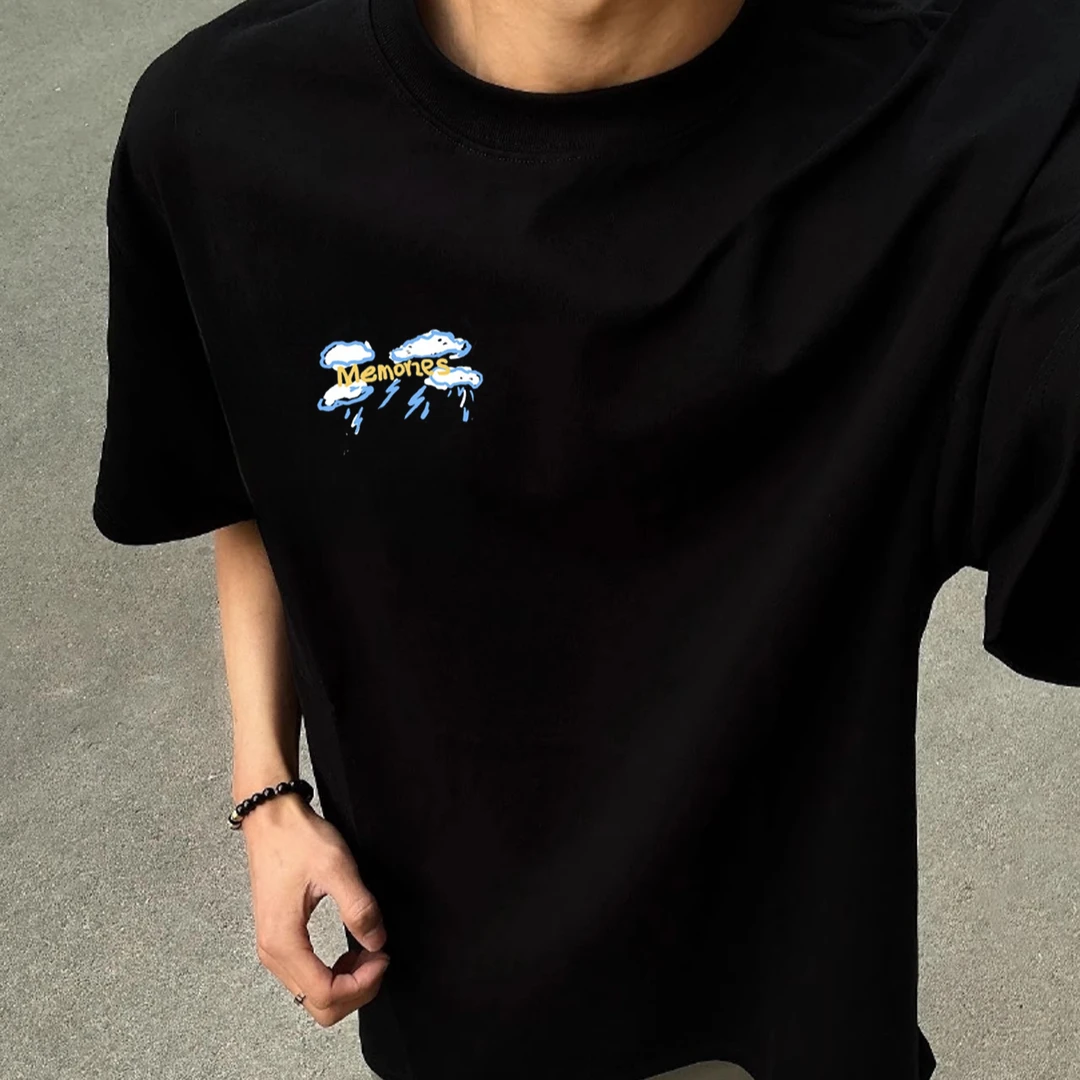 美式潮牌复古云雨花朵印花纯棉短袖T恤男士宽松百搭上衣圆领半袖