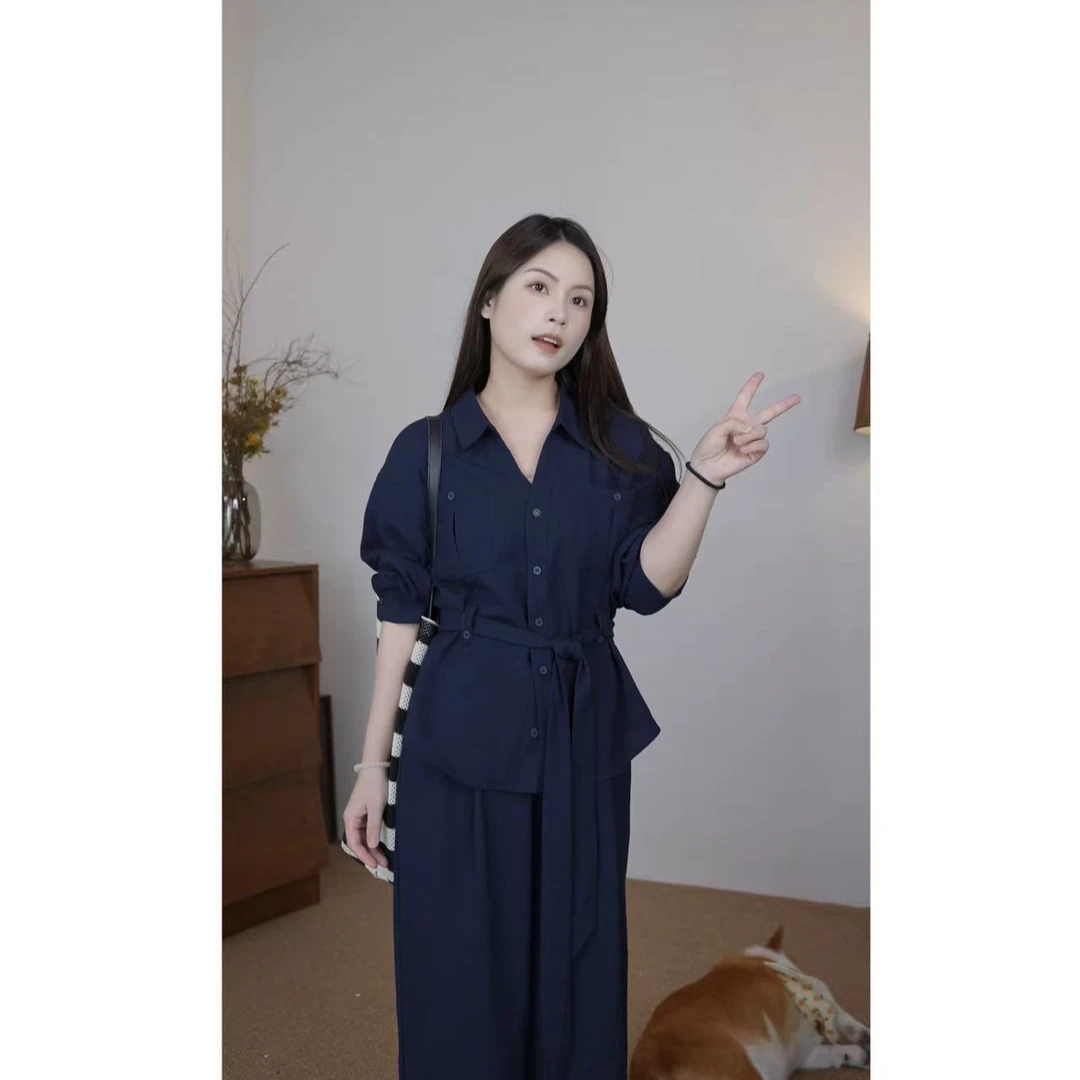 小个子长袖立领套装（时尚百搭秋季气质上衣+高腰显瘦阔腿裤）