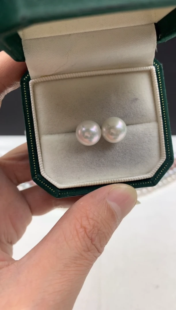 铂Pt950镶嵌ff淡水珍珠白珠耳饰10~11mm