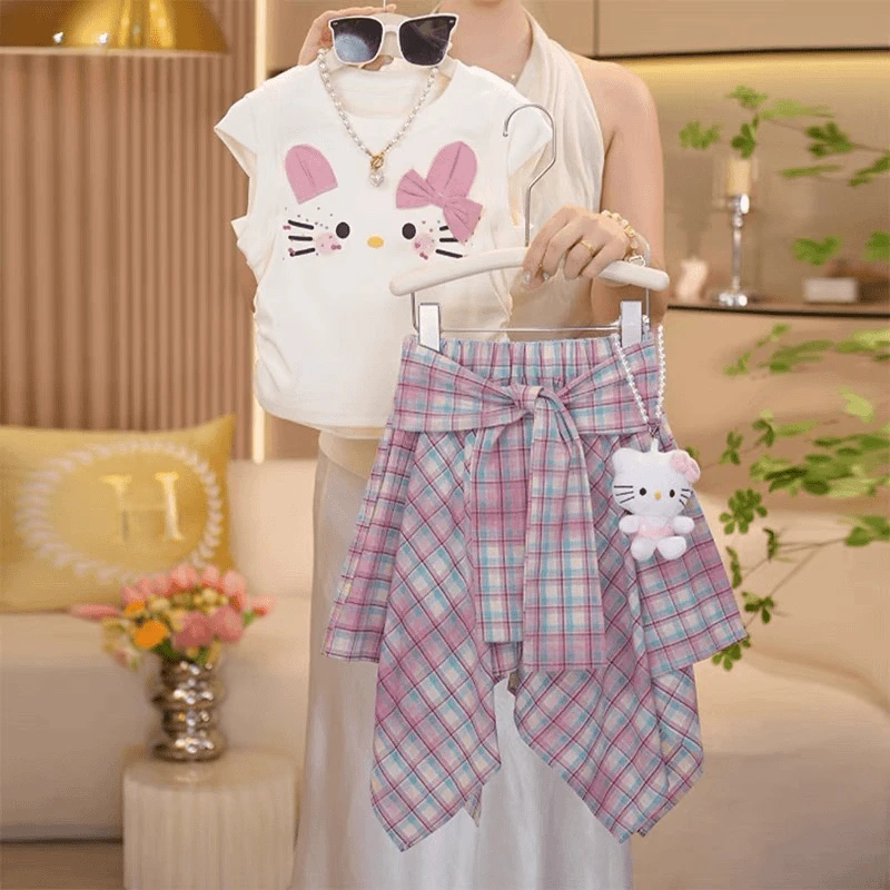 女童夏季卡通可爱无袖猫咪上衣套装中大童不规则格子半身裙两件套