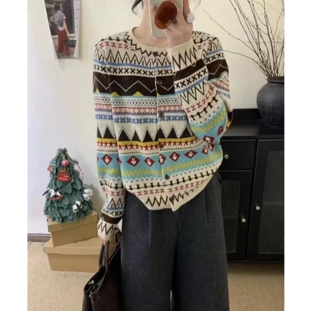 【超细绵羊毛】费尔岛复古民族风提花圆领针织开衫女费尔岛毛衣女