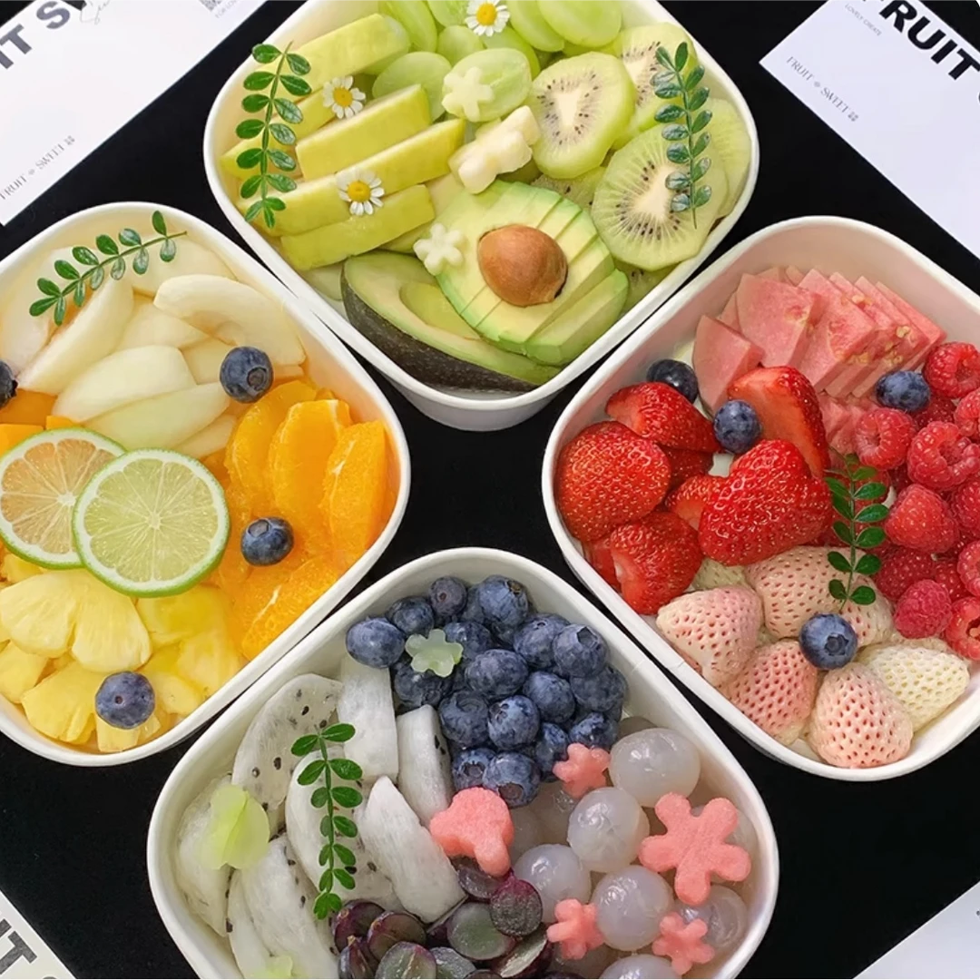 一次性白色方形水果沙拉带盖牛皮纸双层餐盒方底食品酸奶打包盒