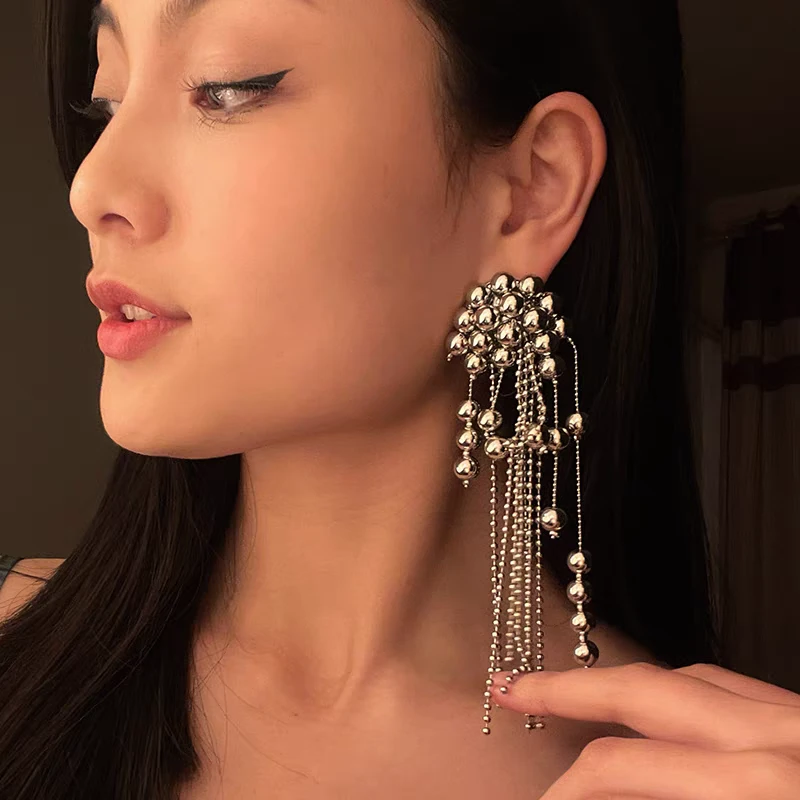 铜合金珐琅耳饰 树林同款银色珠珠欧美设计感长款流苏一对--耳环