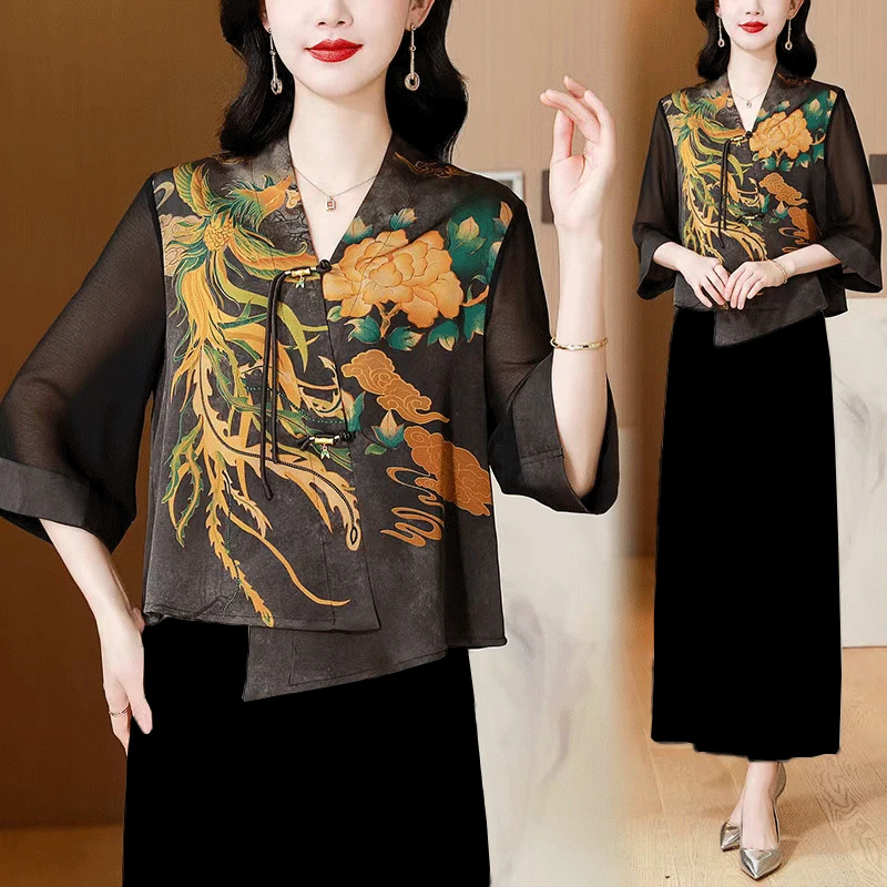 新中式妈妈装盘扣套装衬衫优雅气质遮肚子中老年女装夏季小衫上衣