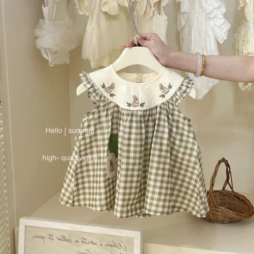 韩国女童2025夏新款兔子绿色格子裙宝宝洋气连衣裙韩版公主裙子潮