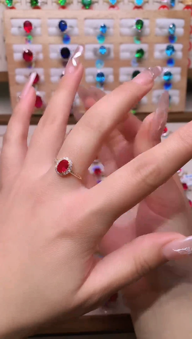 银S925镶嵌戒指红宝石5*7 酒红 金