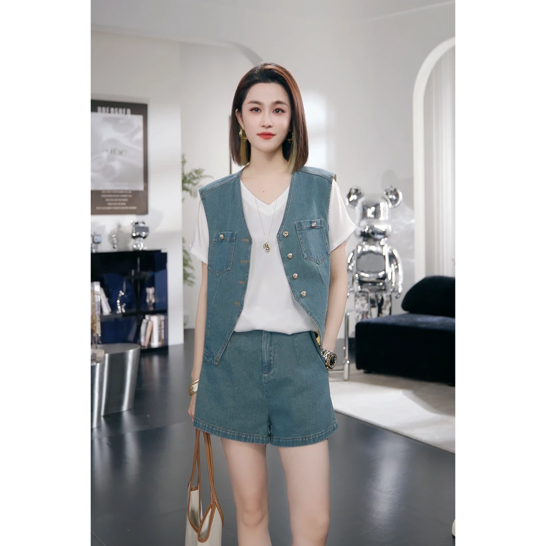 【Chanllete Meline】时尚设计师款复古气质牛仔休闲套装CM-9033