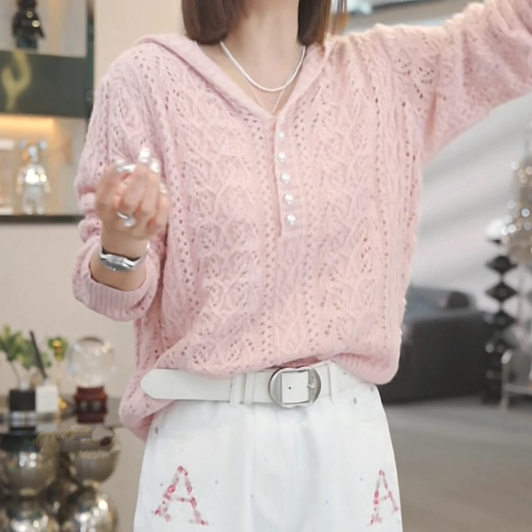 设计感镂空钉珠蕾丝长袖毛衣帽衫2025春季新款气质时尚气质针织衫