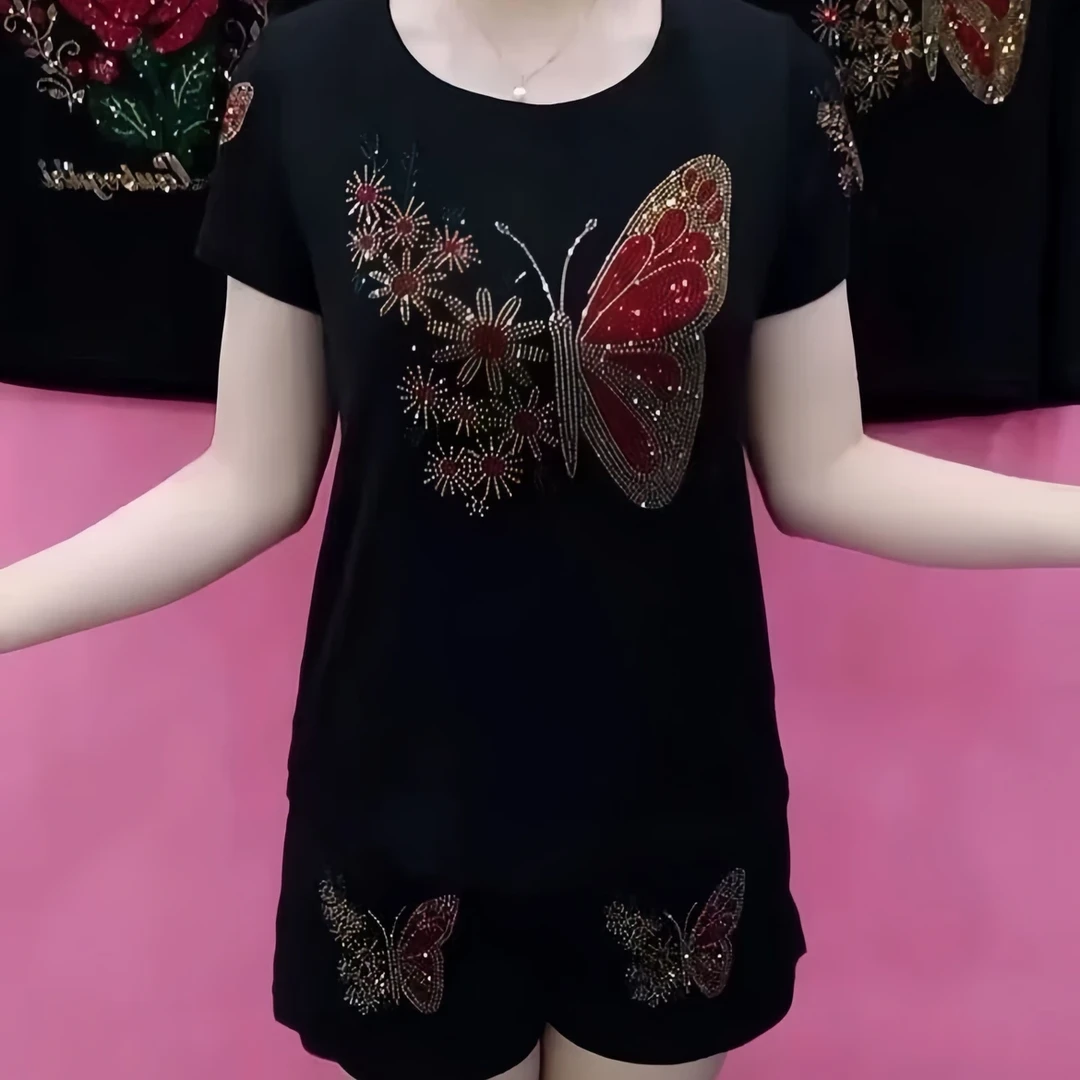 夏季新款宽松显瘦圆领重工烫钻短裤套装时尚百搭遮肚短袖两件套女