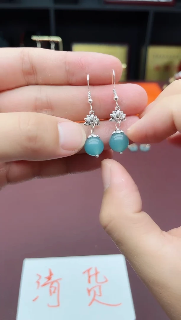 石英质玉（天山翠）银S925镶嵌耳饰237000