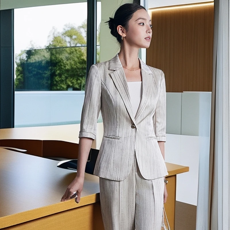 夏季条纹商务名媛正装职业女神范气质中袖修身休闲女装1788