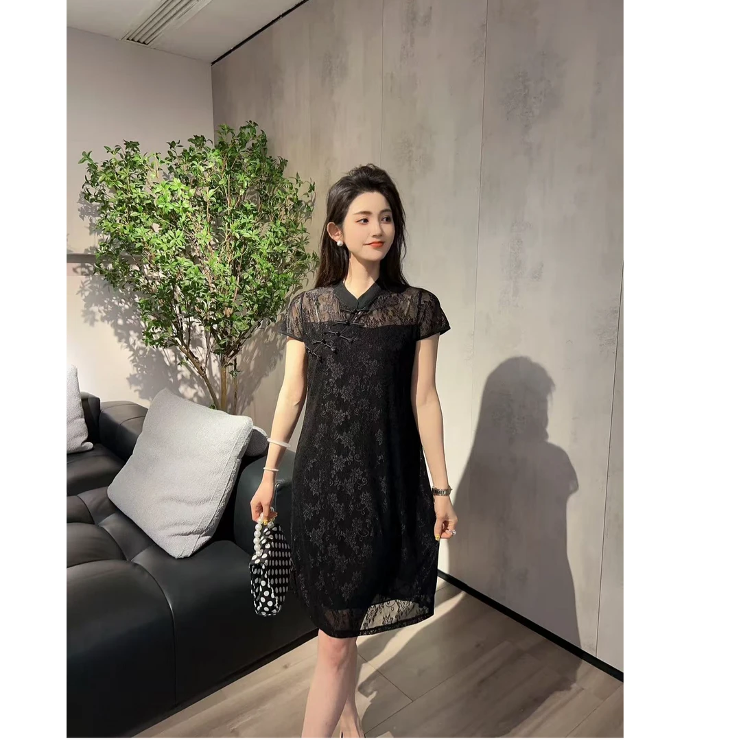 初十家【六月蔷薇】大码女装新款显瘦蕾丝复古旗袍连衣裙