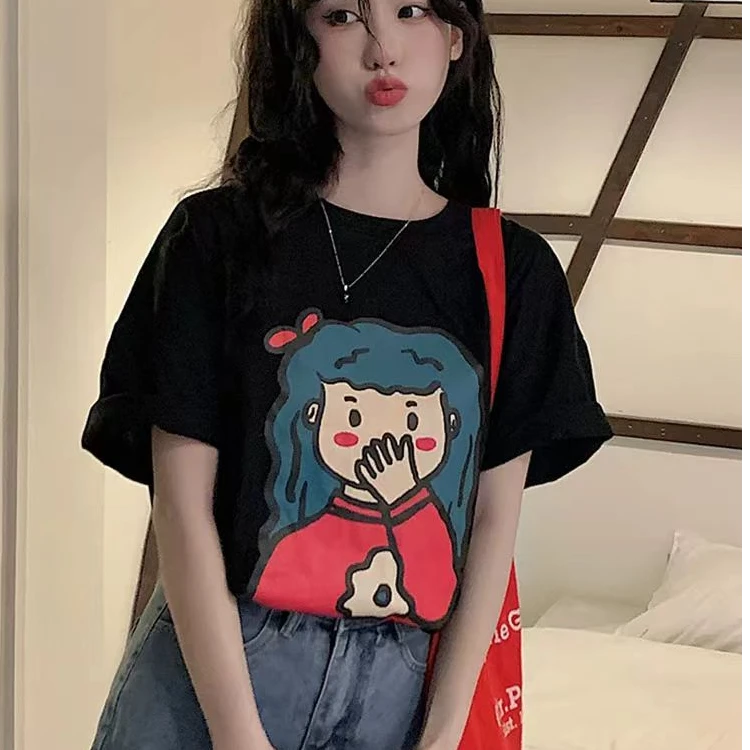 T恤新款短袖上衣女宽松2025夏季可爱印花黑色小个子设计感百搭潮