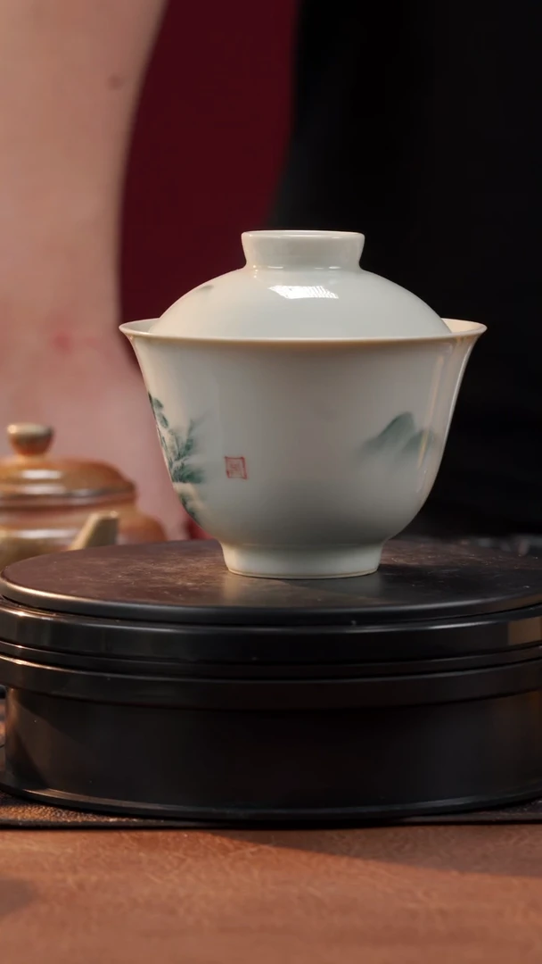 茶具柴烧山水二才盖碗