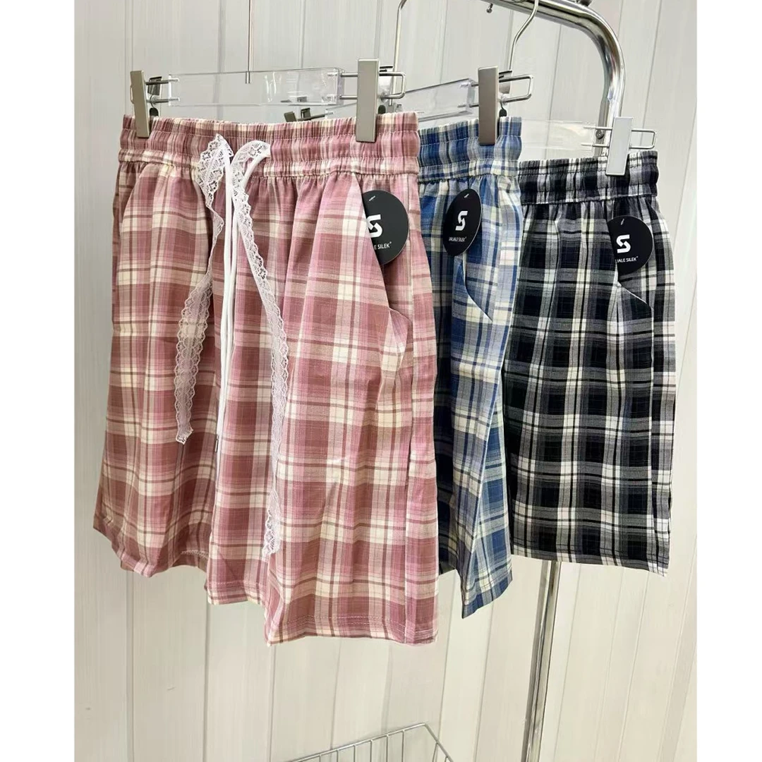 【岳姐姐专属】夏季薄款韩系蕾丝拼接格子短裤休闲家居五分裤1933