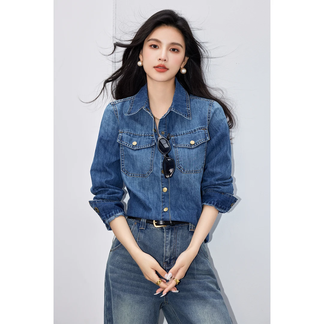 复古牛仔外套女2025新款小个子秋牛仔衬衣