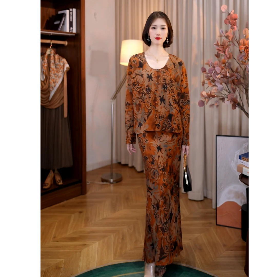 【白小白精选】流风余韵菱格肌理河泥染桑蚕丝香云纱鱼尾裙套装2082