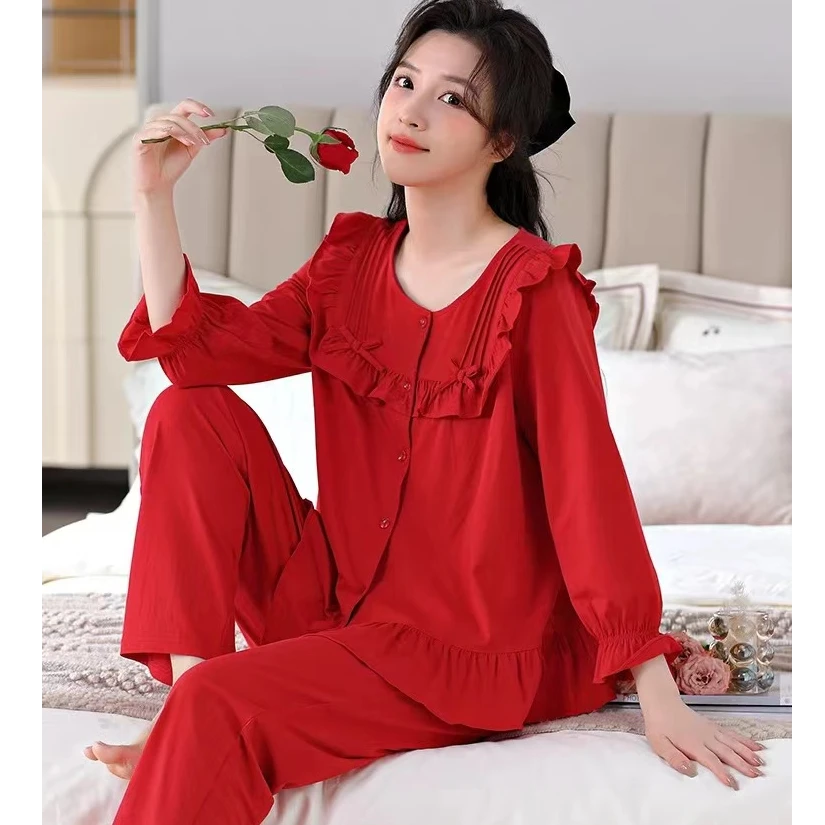 红色睡衣女士春秋莱卡棉长袖新款家居服结婚本命年2025蛇年大码