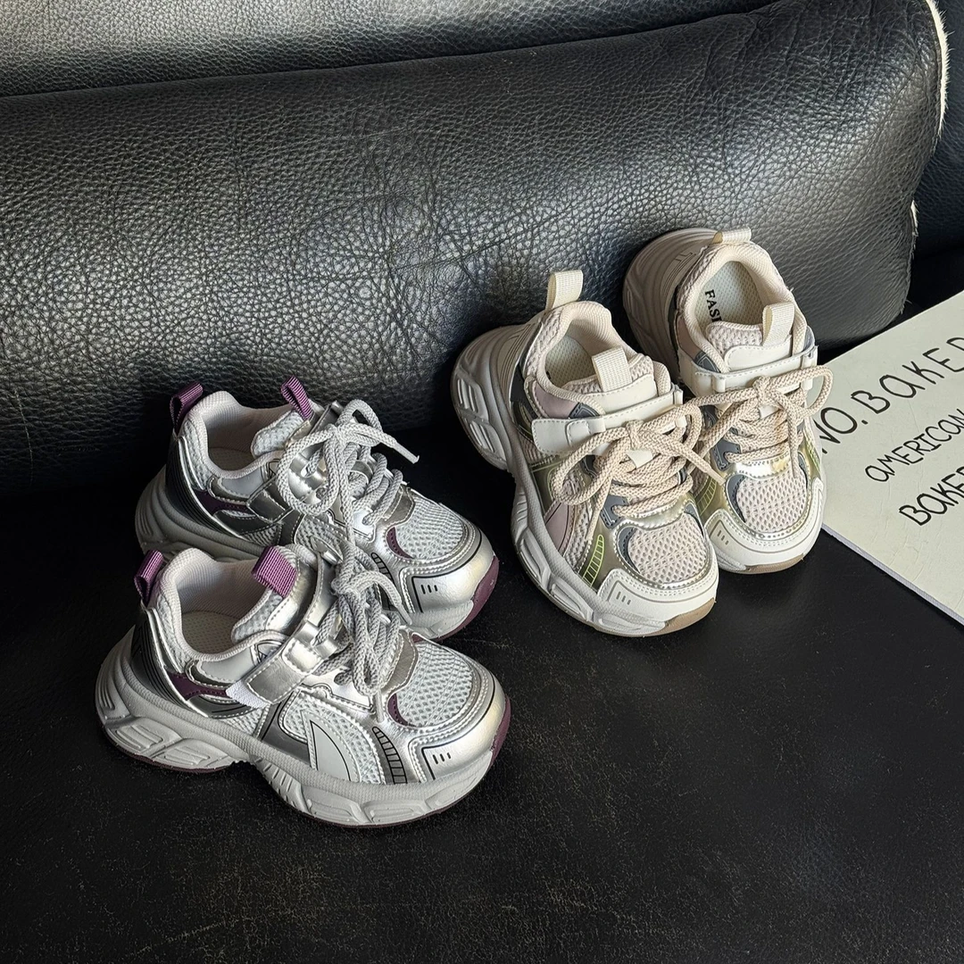 2025春季新款儿童透气轻便运动鞋男女童魔术贴厚底潮老爹鞋学生鞋