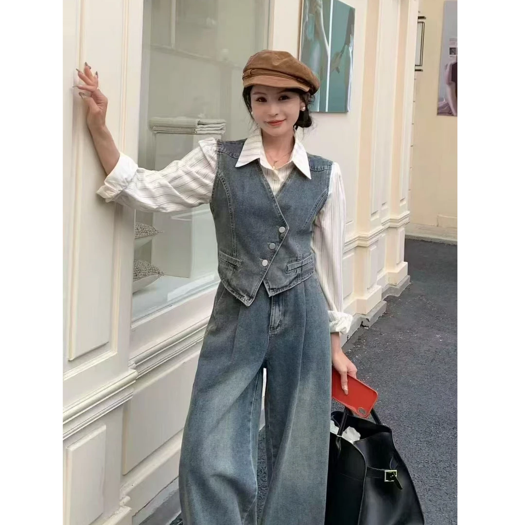 新款港风飒爽气大长腿收腰马甲＋衬衣高腰阔腿裤牛仔套装气质显瘦