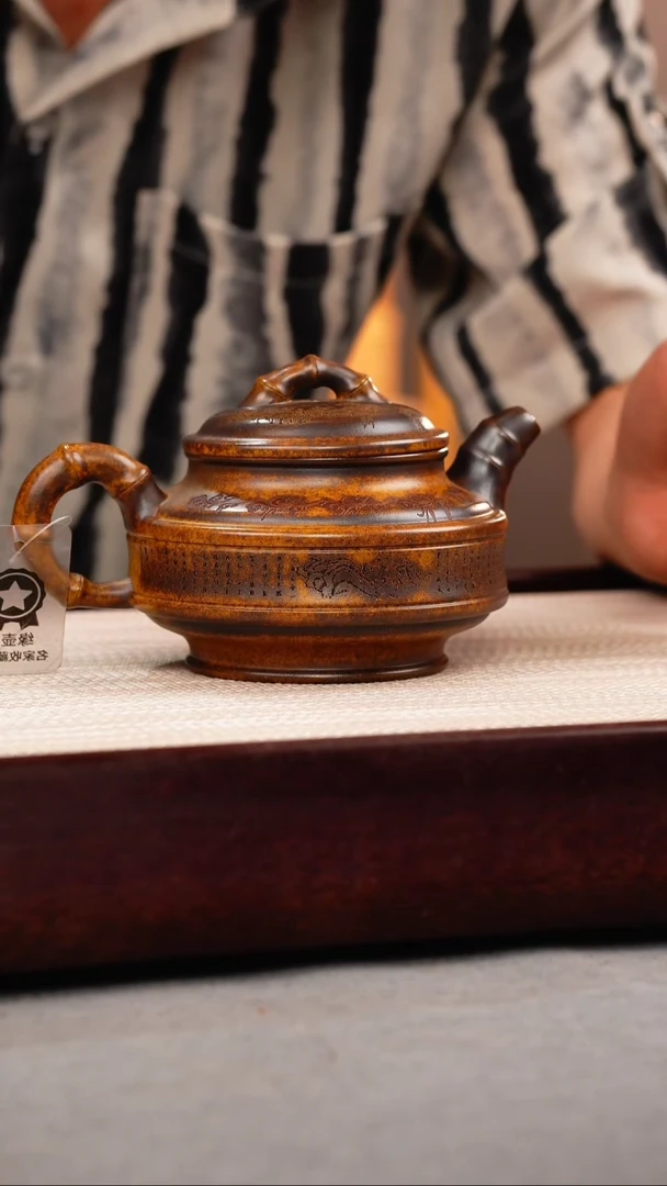 茶壶紫砂龙骨金砂 双线竹鼓 刻绘