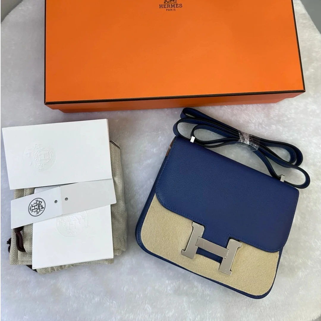 99新 Hermes/爱马仕 小花Jerry 康康 19明蓝色 EC皮 U刻 银扣