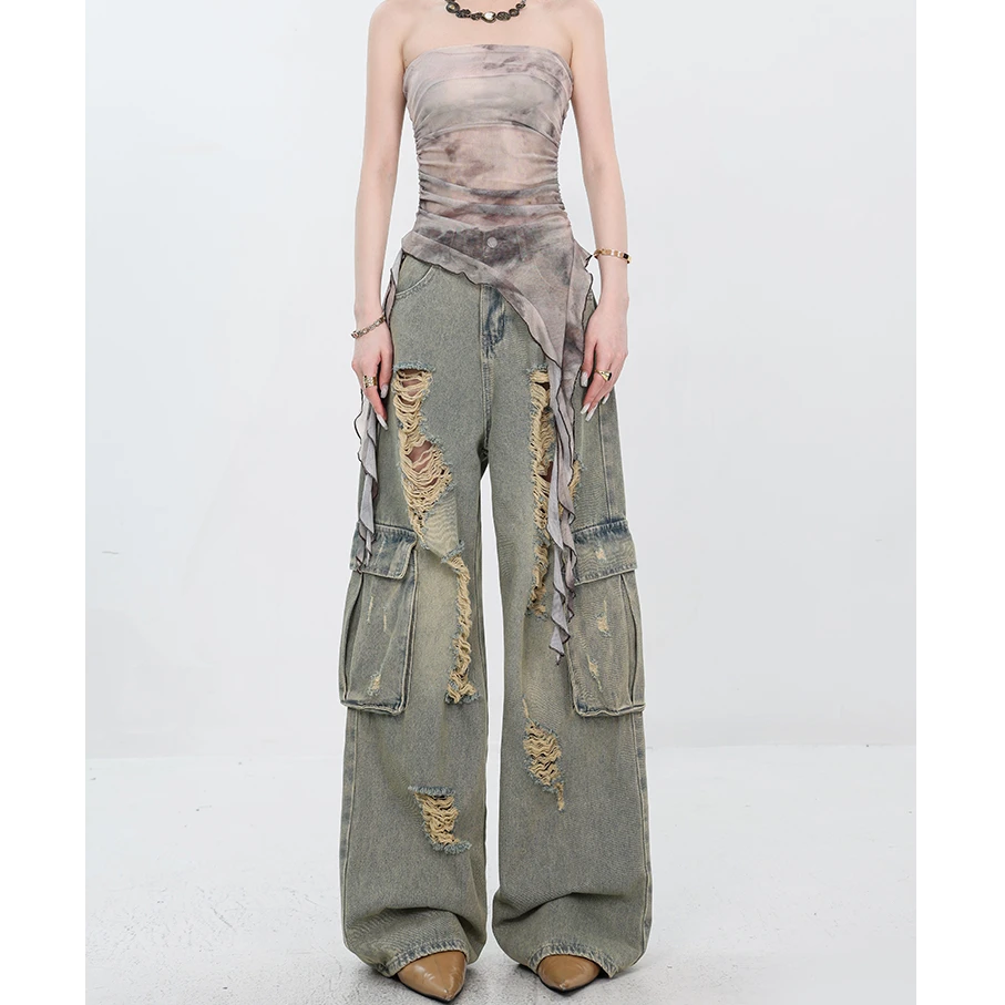 美式高街磨破设计感工装牛仔裤女新款高腰宽松显瘦拖地长裤H002#