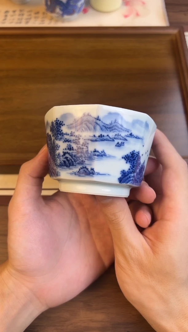 问青坊纯手工手绘青花山水柴窑八方杯