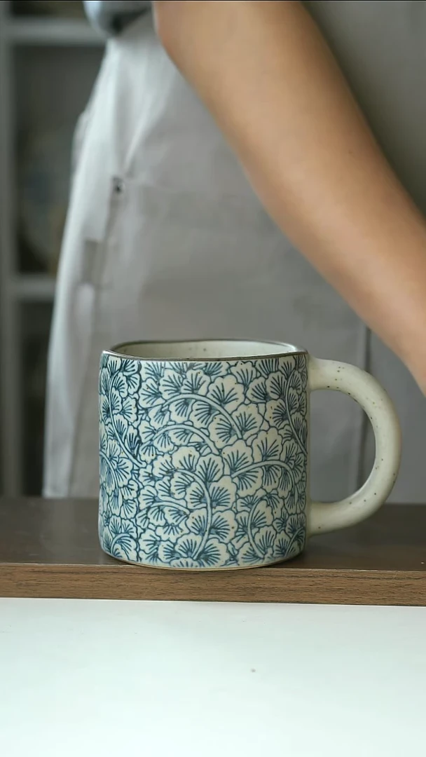 青花手作手绘银杏420ml马克杯@4-2@