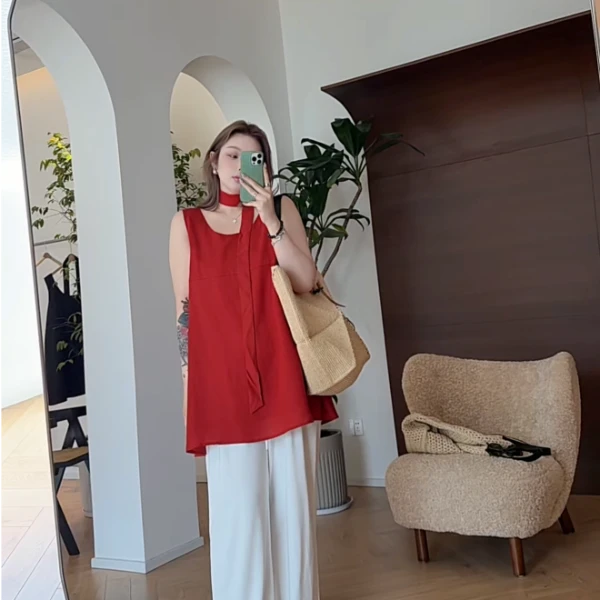 【瘦瘦】元气少女-大码夏季飘带亚麻天丝宽松无袖背心上衣S01662