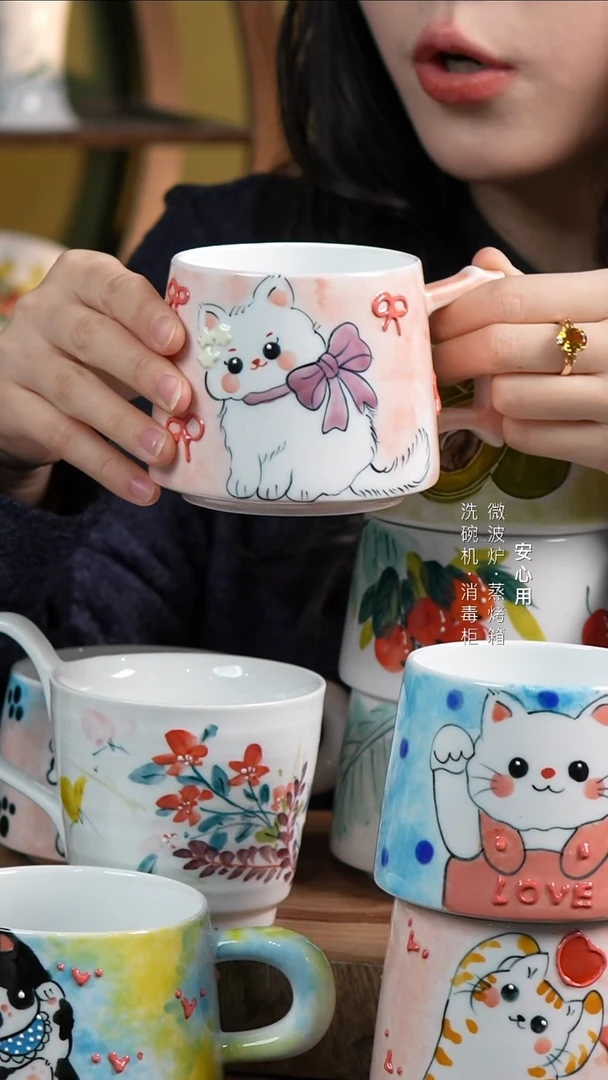 瓷景德镇高温手绘釉下彩300CC把手杯蝴蝶结小白