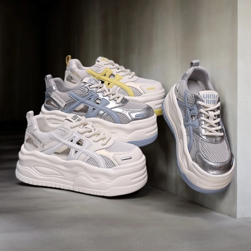 万达撤柜头层牛皮7cm2025秋新款镂空软底松糕鞋.厚底网面小白鞋女