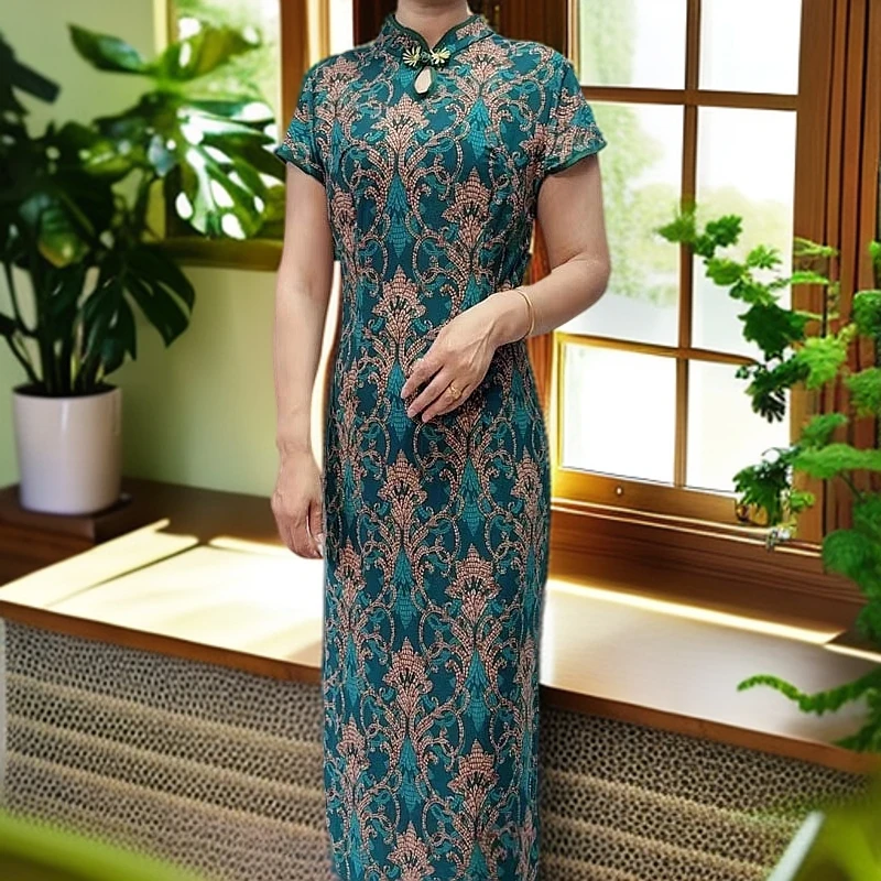 中老年旗袍气质时尚春夏修身日常中国风印花中长款优雅大码显瘦