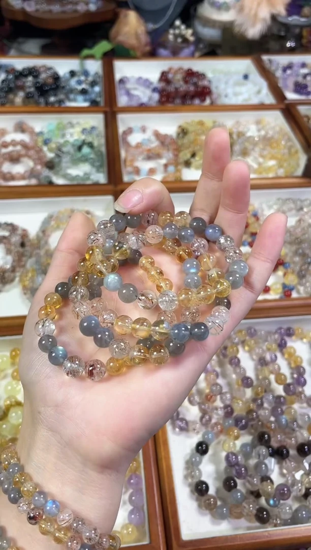 未镶嵌手串水晶月牙】天然灰月光黄塔晶黑金超七手串