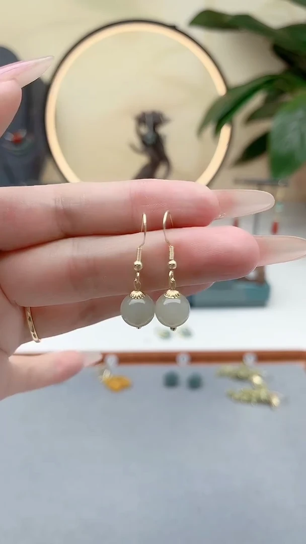 银S925镶嵌和田玉耳饰00和田玉单株