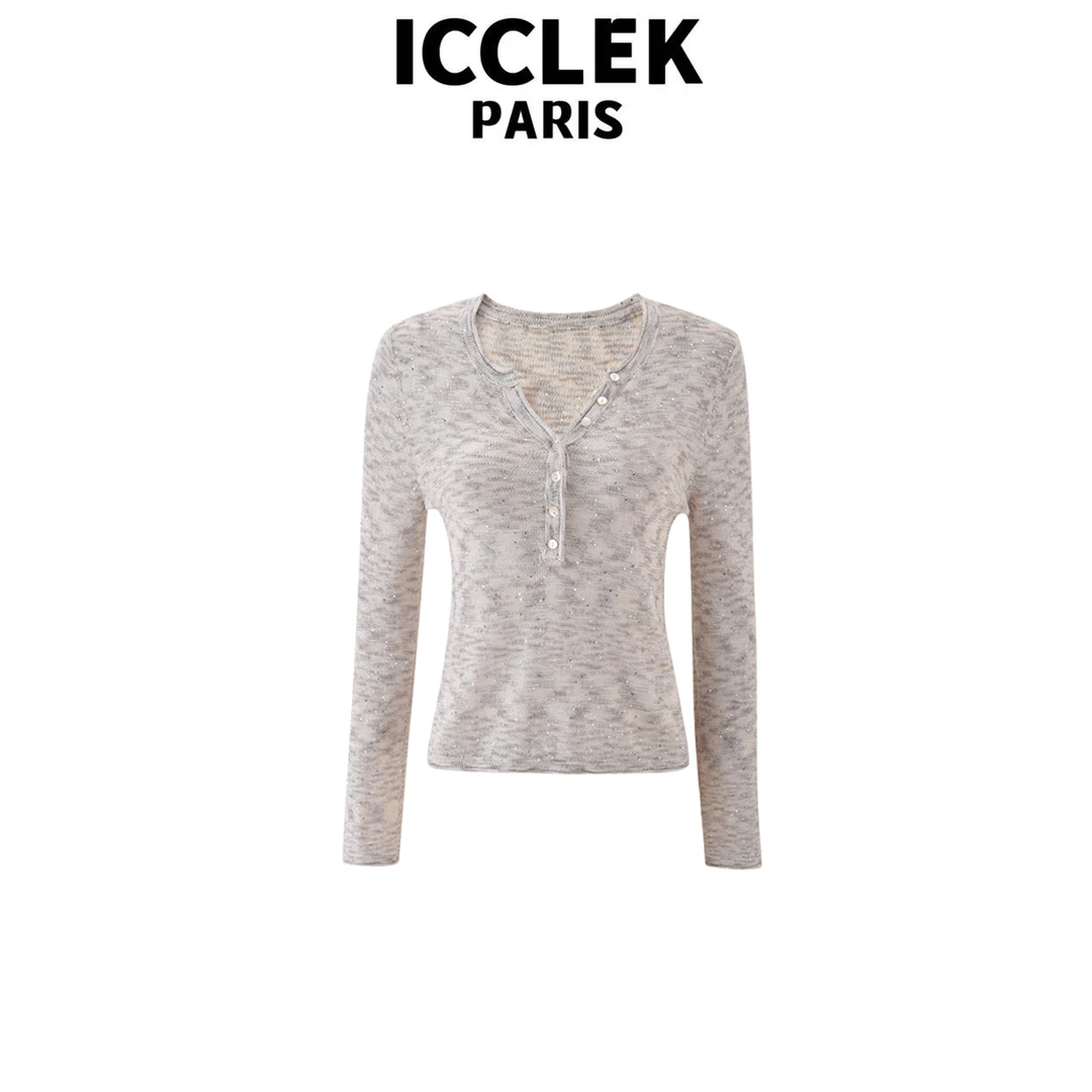 ICCLEK 浅灰色V领碎花长袖薄款气质减龄百搭显瘦字母上 衣 - 5895