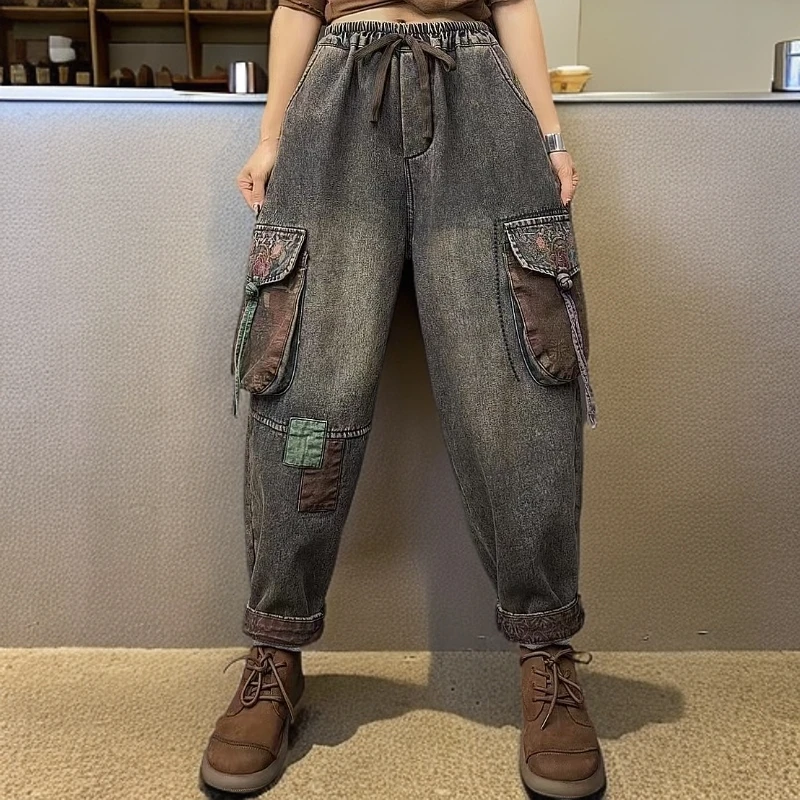 MF-抄色刺绣侧双大兜盘扣口袋牛仔哈伦裤复古文艺风宽松老爹裤