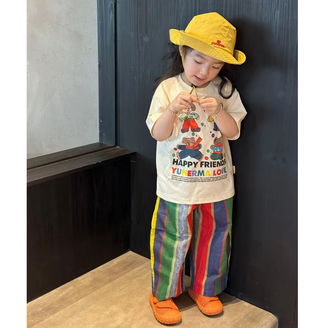 现货女童套装夏季韩版白色小熊印花T恤彩色条纹裤休闲童装